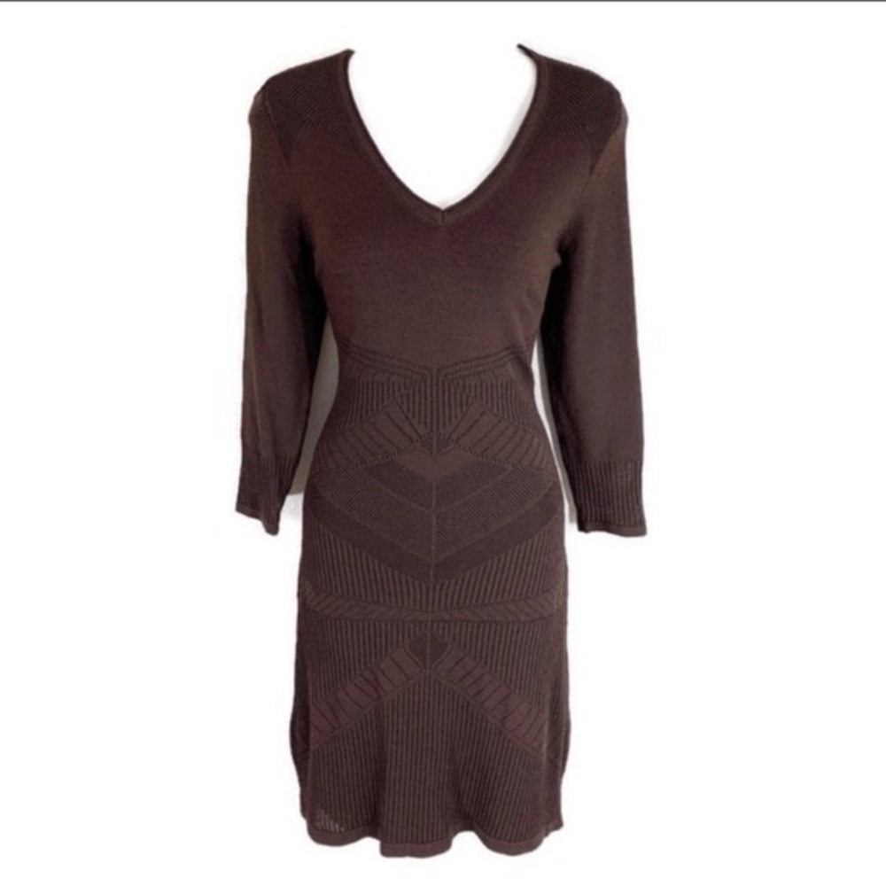 Etcetera brown knit stretch v-neck dress X16
